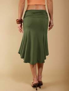 Women's Elegant Asymmetrical Ruched Brown Skirt, Suitable For Spring And Summer - Army Green - View 2