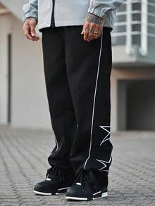 Devon Thys 1pc Men's Straight Cut Star & Letter Printed Casual Streetwear Loose Fit Sweatpants, Fall - Black - View 1