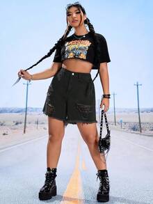 SHEIN EZwear 大码女式口袋做旧流苏宽松牛仔短裤 - 黑色 - 查看 3