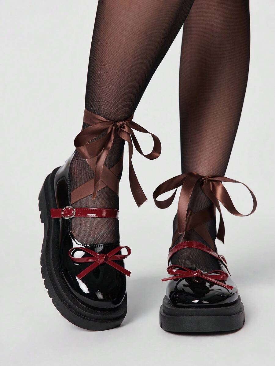 ROMWE Kawaii Women's Fashionable Sweet Bow Decor Lace-Up Flats - Black and red color matching - View 1