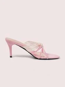 CUCCOO DOLLMOD 女士可爱甜美蕾丝蝴蝶结粉色条纹高跟露趾凉鞋 - 粉色 - 查看 3