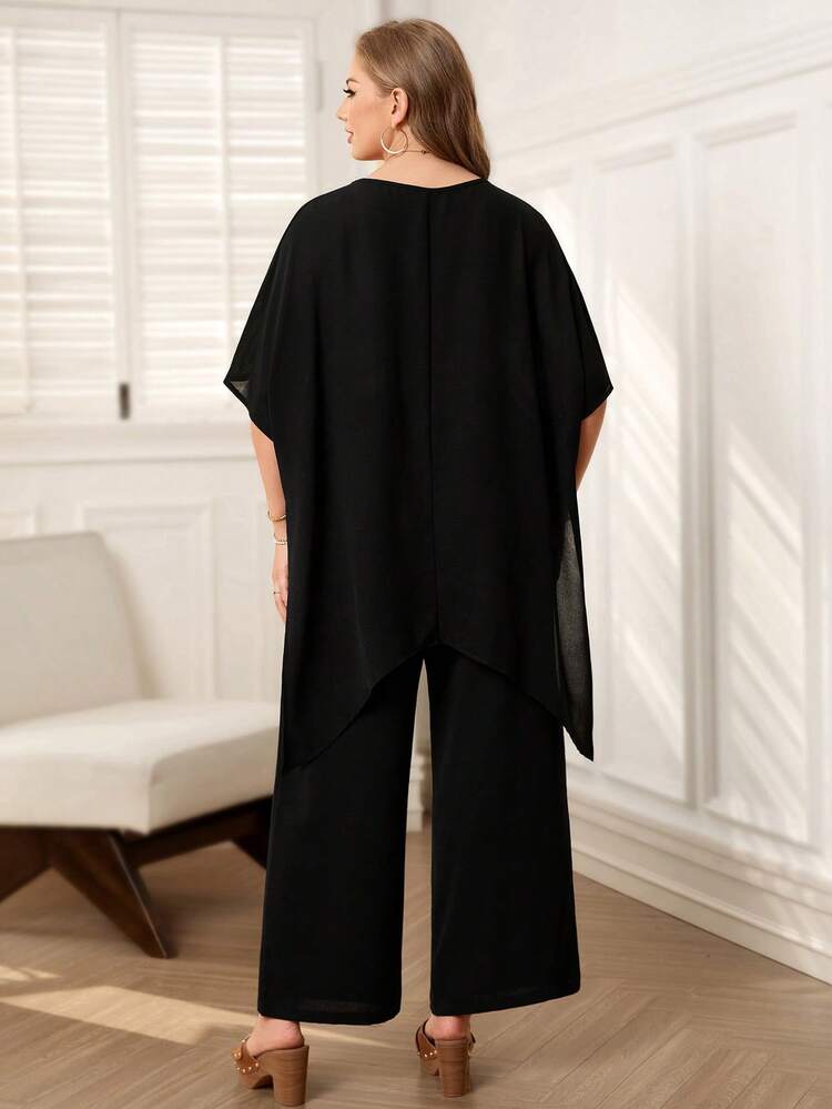 Plus Size Solid V-Neck Asymmetric Hem Short Sleeve Top And Long Pants 2 Pieces Set Casual Sets For Women Summer Outfits Summer Clothes  Spring  Spring Outfit Women Spring Clothes Beach Vacation Outfits For Women Bohemian  Blouse And Pants Set Plus Size Lounge Set Plus Size Pants Set Women Plus Clothing Sets Plus Size Elegant Outfits