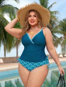 Swim Lushoire Plus Size Women 2-Piece Teal Summer Beach Holiday Holiday Tankini Swimwear,Solid Drawstring Ruched Adjustable Thick Strap High Waist Print Bottoms - Cadet Blue - View 4