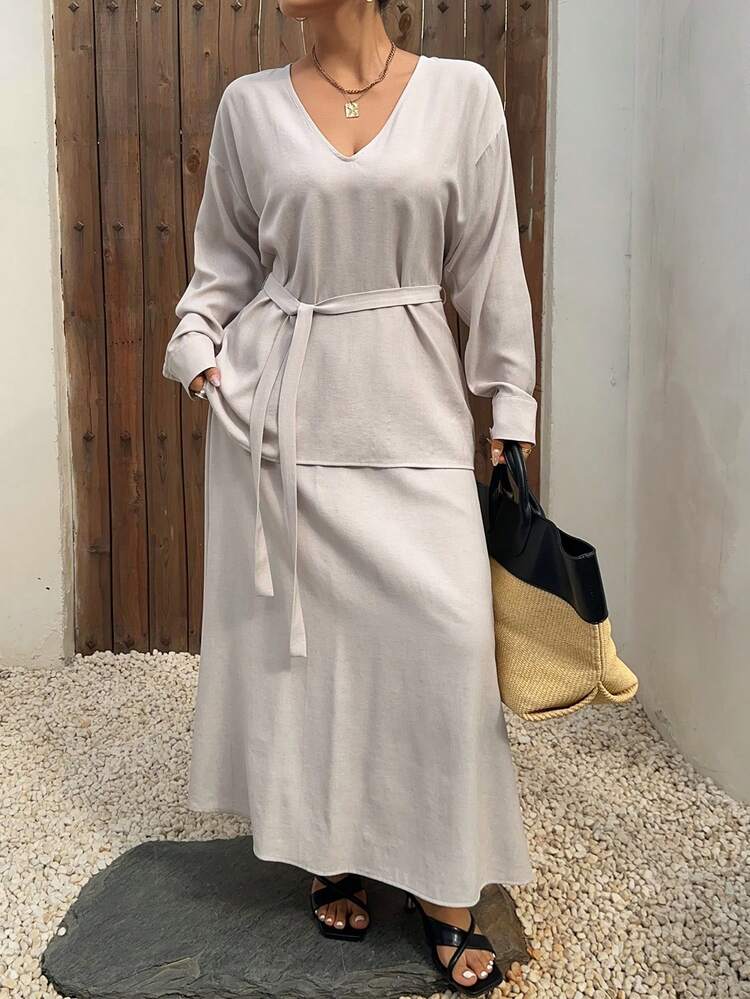 Dazy Plus Plus Size Solid V-Neck Belted Long Sleeve Top And Skirt 2-Piece Set Lounge Sets For Women Vacation Outfits Women