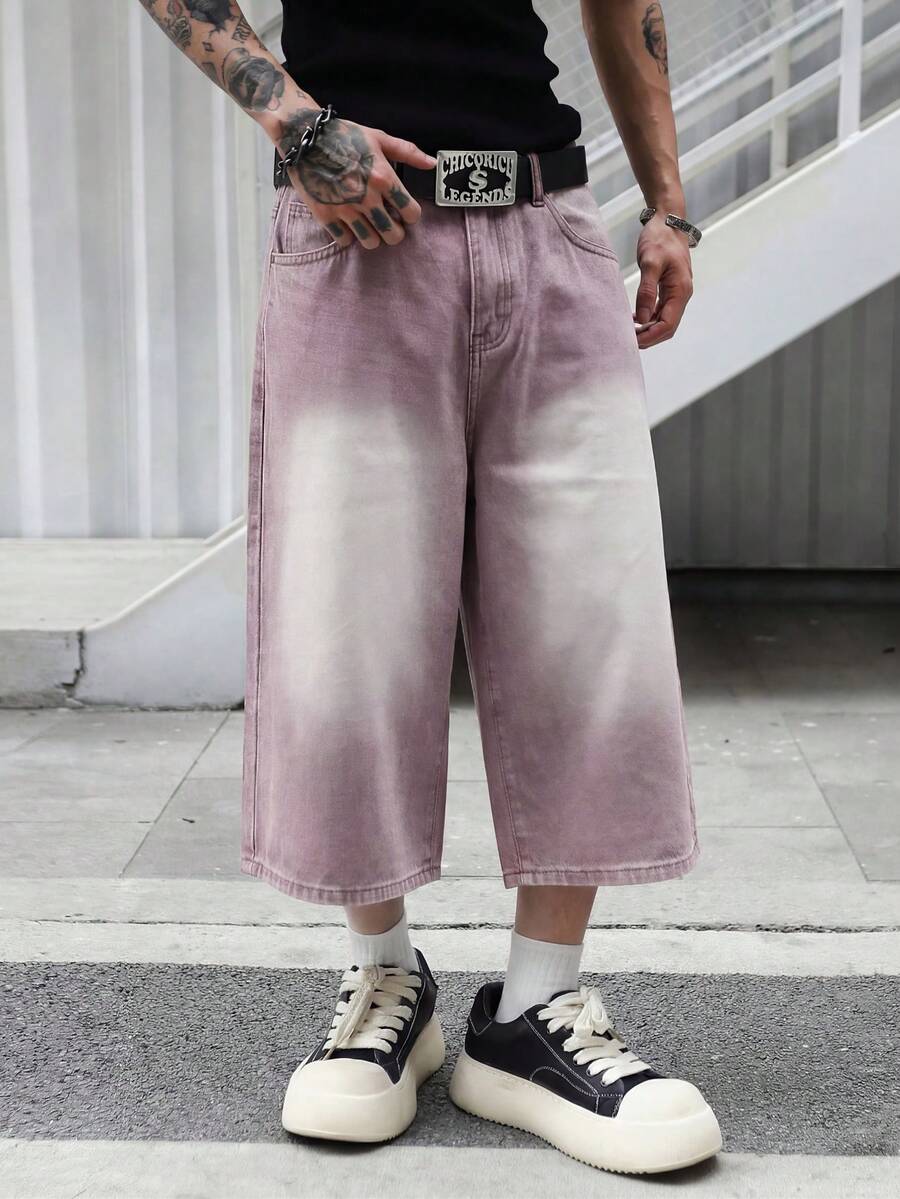 Manfinity EMRG Men's Casual Pocketed Button Fly Wide Leg 3/4 Length Jeans, Versatile For Daily Wear - Pink - View 1