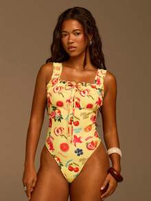 Athîral Ladies' Cute Fruit Printed Backless Ruffle Edge One-Piece Swimsuit,Summer Yellow Floral Western Style Holiday Swimwear For Beach Vacation - Yellow - View 4