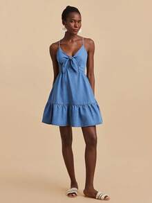 Travachic 女士时尚系带荷叶边下摆牛仔吊带裙 - 淺色水洗藍 - 查看 6