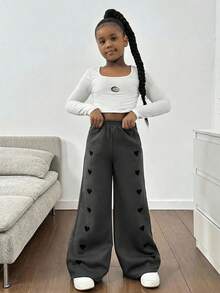 SHEIN Tween Girls' Casual Fashion Heart Print Loose Straight Leg Knit Pants, Versatile - Dark Grey - View 4