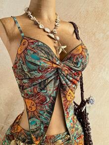 Soleia 女士度假阳光脸印花扭结吊带背心和不对称下摆中长裙两件套 - 彩色 - 查看 6