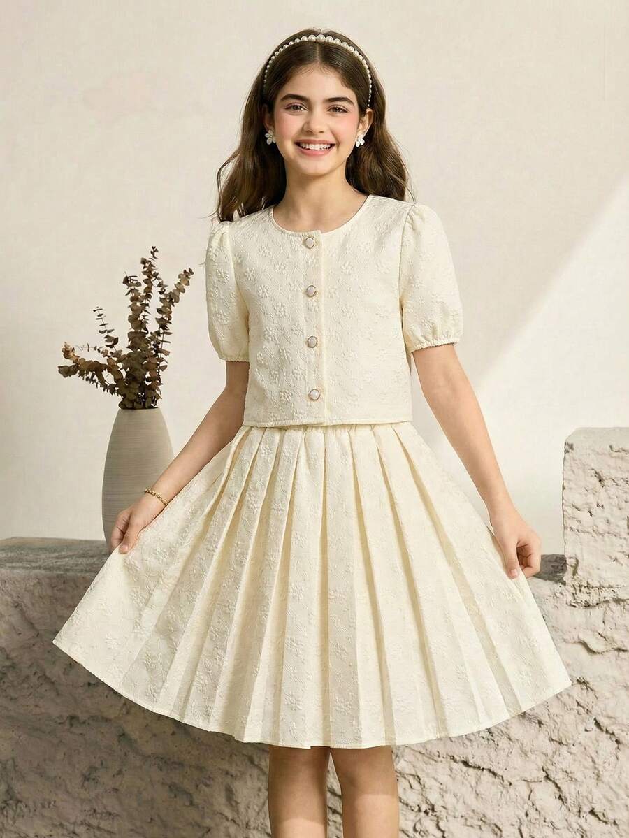 女童休闲优雅白色亮面提花珍珠纽扣开衫搭配百褶裙套装 - 杏色 - 查看 1