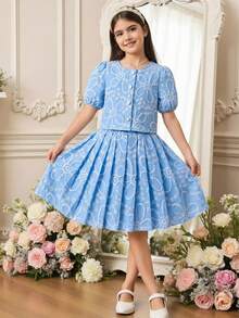 SHEIN Girls' Casual Elegant White Shiny Jacquard Pearl Button Cardigan Paired With Pleated Skirt Set - Blue - View 4