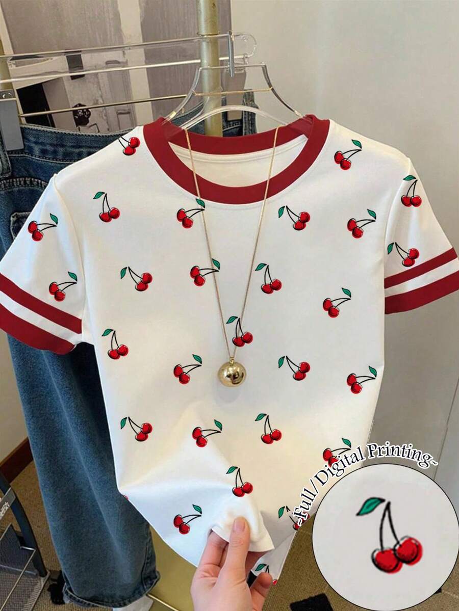 SHEIN Kaos Kasual Anak Perempuan Musim Semi & Musim Panas dengan Motif Ceri Lucu dan Warna Putih Kontras, Kaos Lengan Pendek Nyaman untuk Sekolah, Sehari-hari & Liburan - MultiWarna - View 1