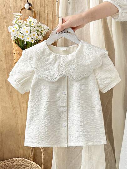 Vintaside Kids Young Girl Apricot Sweet Embroidered Lace Floral Collar Short Sleeve Straight Blouse, Suitable For Daily Outings, Campus Wear, Parties, Photo Shoots, Valentine's Day