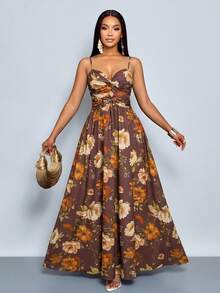 SOLERSUN Women's Tropical Print Deep V Twist Front Spaghetti Strap Maxi Dress, Suitable For Summer Vacation, Beach Getaways, Cafe Hopping, Weekend Dates, Girls' Brunch - Brown - View 7