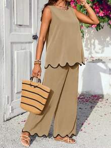 SHEIN Maternity Vacation Casual Contrast Color Shell Trim Tank Top And Pants 2 Pieces Set - Khaki - View 5
