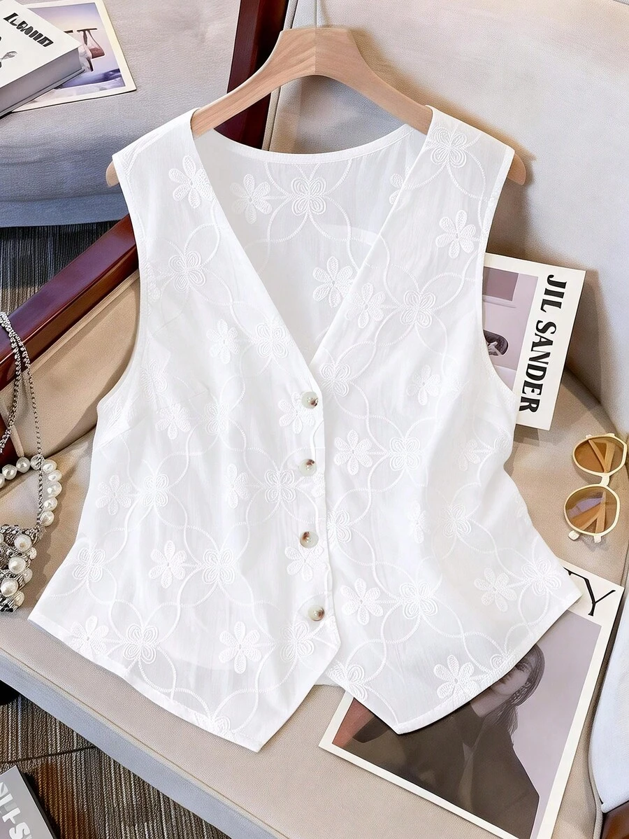 GlowEve CURVE Áo blazer nữ cỡ lớn, kiểu dáng thanh lịch, thường ngày, chất liệu jacquard, không tay, màu trơn, dáng mỏng. - trắng - Xem 1