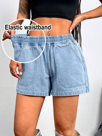 Teen Girls Y2K Light Fashionable Light Washed Elastic Waist Fitted Baggy Denim Shorts, Suitable For Summer Chill, School, Campus, College,Girls Summer Clothes Outfits,Suitable For Spring And Summer Boho,Season Vintage//Beach/Sea/Elegant Graduation Outfit,Casual Women's Jumpsuit,Summer Holiday Outfits ,Spring Clothes Outfit,Beach Outfits For Women,Vacation Outfits Women,Valentine's Day Outfit,Summer Holiday Outfits,Beach Vacation Holiday Outfits For Women,Back To School,Graduation Outfit