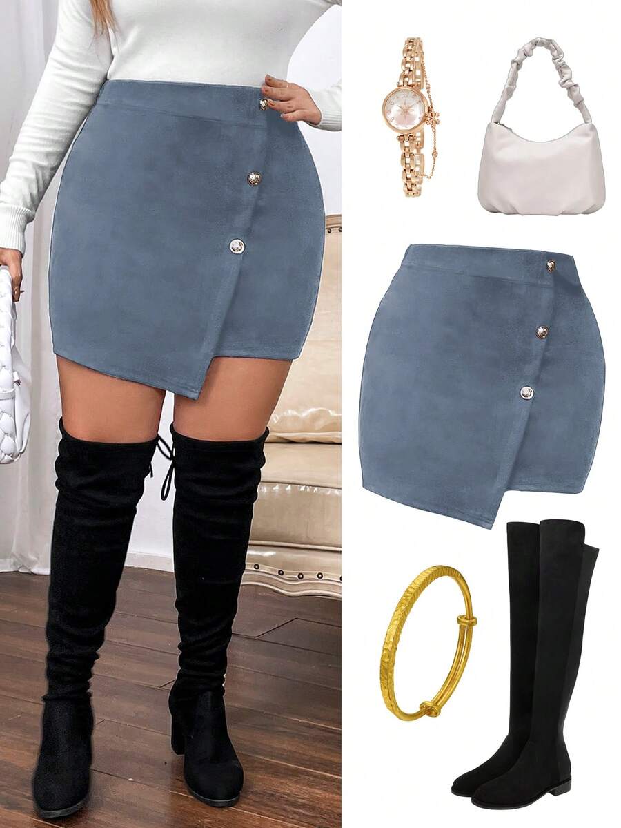 Vionelle Damen Große Größen einfarbiger Knopfdesign asymmetrischer Saum Bodycon Rock, hellblauer Rock für Damen, babyblaue Röcke - Babyblau - Übersicht 1