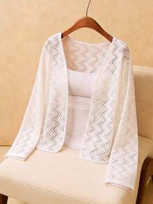 Elaquor 大码休闲纯色蕾丝开衫 - 米色 - 查看 1