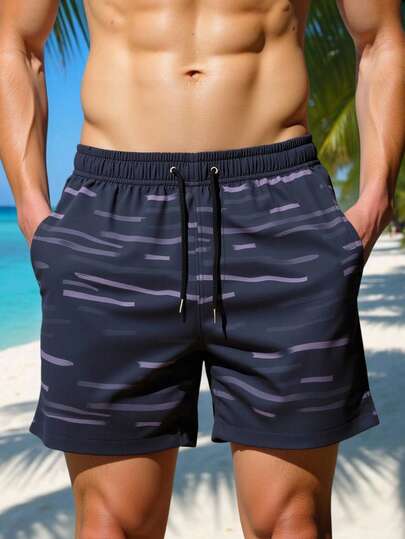 Manfinity Swimmode 男士沙滩度假抽绳印花口袋沙滩短裤