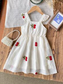 Ruffle Strap Cherry Puff A-Line Dress. Featuring Ruffle Trim Shoulder Straps, A 3D Bow At The Back, And A Puff A-Line Silhouette That Ensures Freedom Of Movement While Maintaining An Elegant Look. Suitable For Outings, Friend Gatherings, And Family Celebrations, Making Your Little One The Center Of Attention. - Apricot - View 6