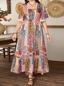 Lacomfia Women's Elegant Minimalist Fashion Bohemian Style Vintage Resort Floral Ruffle Sleeve Dress Patchwork Dress Bohemian Dress For Women Women Summer Dress Cottagecore Dress - Multicolor - View 1
