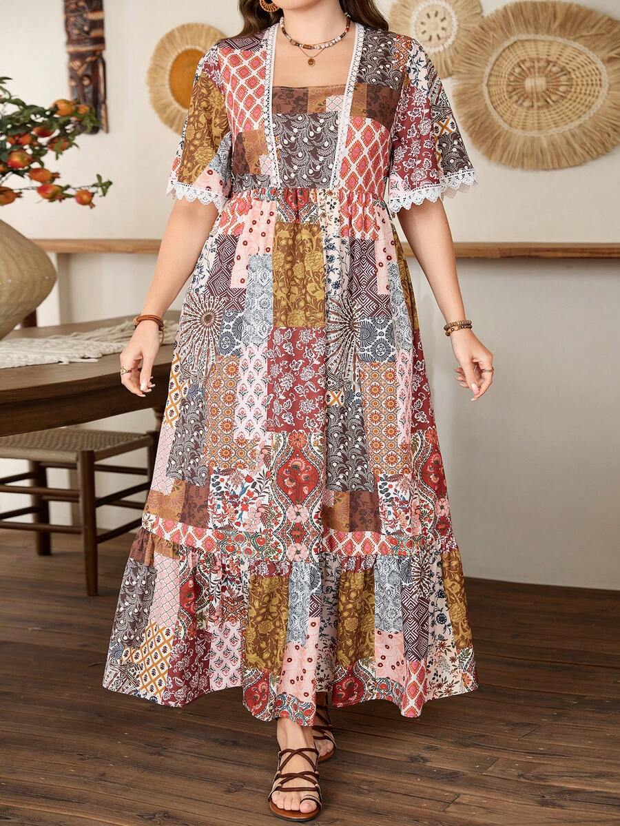 Lacomfia Women's Elegant Minimalist Fashion Bohemian Style Vintage Resort Floral Ruffle Sleeve Dress Patchwork Dress Bohemian Dress For Women Women Summer Dress Cottagecore Dress - Multicolor - View 1