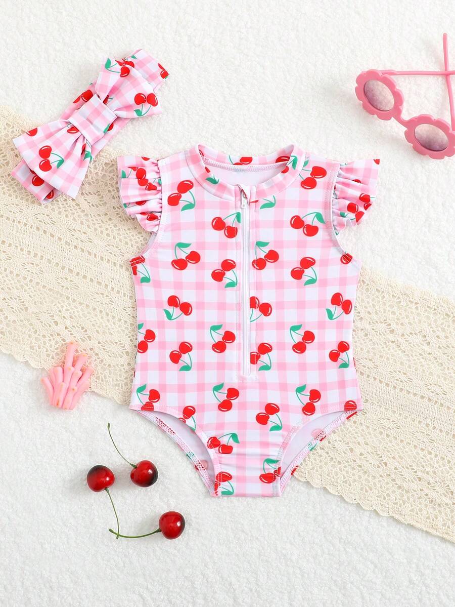 Newborn Cute Tropical Floral Ruffled Romper Headband Set Beach Vacation Hot Pink Summer - Pink - View 1