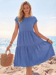 EMERY ROSE Vestido de mujer con cuello redondo, manga corta y volante en el bajo, de color liso, para primavera/verano - Azul - Ver 5