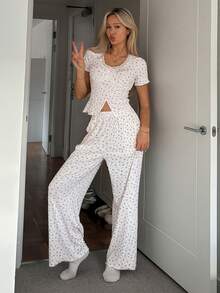 DAZY Sweet Bow Decor Floral Lace Patchwork Women Pajama Set - White - View 7