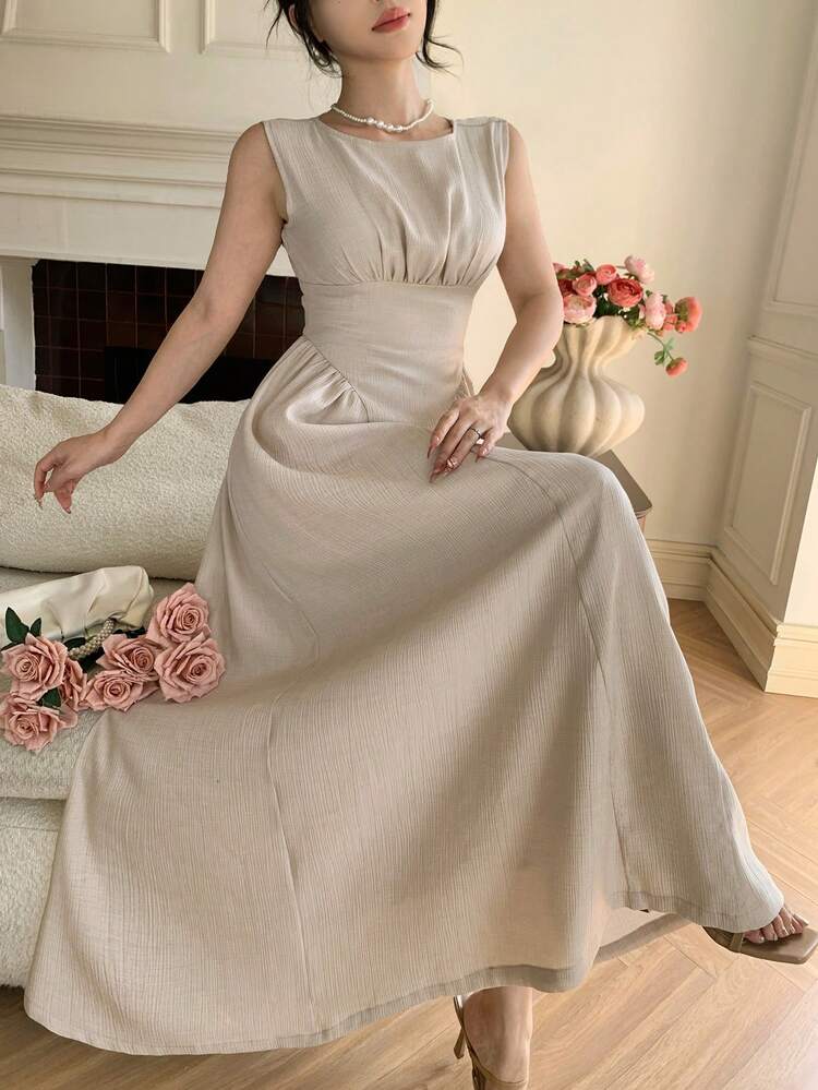 Women's Elegant Solid Color Waist Cinched Sleeveless Dress Summer Maxi Dress Sundress