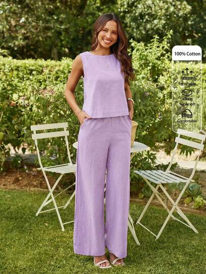 KARISMINA 2pcs/Set Women Solid Color Woven Fitted Tank Top & High Waist Loose Straight Pants Set Spring Outfits For Women Tropical Vacation Woman Clothes Linen,Women's Elegant Outfits Purple Two Piece Set Women Lavender Outfit Woman Lavender Two Piece Set 2 Piece Linen Sets Woman Comfortable Two Piece Set,Plain/Plaid/Striped/Casual Lounge Sets For Women