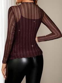 Elenzga Blusa brillante de tela transparente y textura con dobladillo enrollado para mujer de talla grande - Burdeos - Ver 2