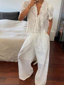 DAZY Women's Embroidered Petal Sleeve Tie Front Blouse And Wide Leg Pants 2 Pieces Set, Vacation Style, Spring/Summer/Autumn - White - View 3