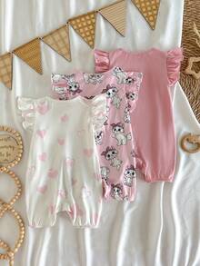 Loomiva 3pcs Baby Girl Cartoon Animal Print Soft Knit Ruffle Collar Sleeveless Romper & Shorts Set - Pink - View 2