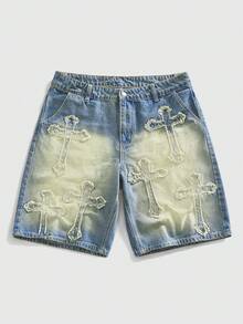 ROMWE MEN Street Life Men's Fashion Cross Pattern Belted Distressed Denim Shorts - Blue - View 8