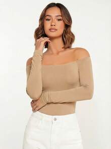 SHEIN BASICS 女士纯色修身露肩长袖连体衣 - 杏色 - 查看 5