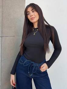 Hitanina 纯色圆领修身保暖长袖女式上衣，带保暖内衬 - 黑色 - 查看 5