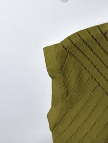 GlowEve 女士纯色纽扣设计圆领休闲短袖针织上衣，秋季款 - 橄欖綠 - 查看 3