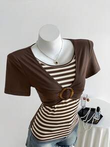 Elamini Y2K Shibuya Babe Slim Retro Colorblock Striped Brown Short Sleeve T-Shirt, Spring/Summer - Brown - View 3