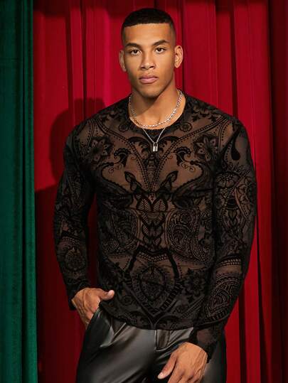 EASEVO Plus Size Men's Mesh Sheer Crew Neck Casual Long Sleeve T-Shirt Men Mesh Top Black Sheer Top Men Men Sheer Top Embroidered Sheer Top