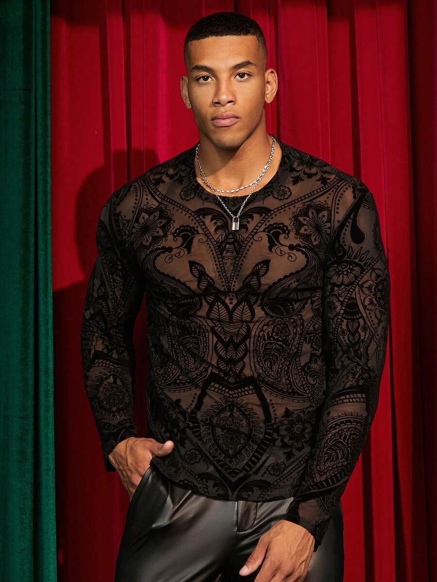 EASEVO 男士加大码网眼透视圆领休闲长袖T恤 - 黑色 - 查看 1