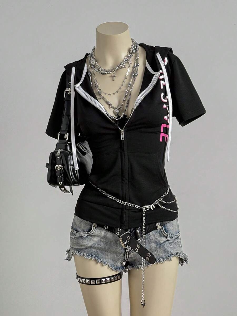 SHEIN DivaQ 女士时尚印花黑色短袖卫衣 - 黑色 - 查看 1