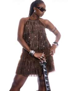 LYSMO Plus Size Sleeveless Casual Rave Party Top With Rhinestone & Tassel Decor, Suitable For Music Festivals In Spring/Summer - Brown - View 8
