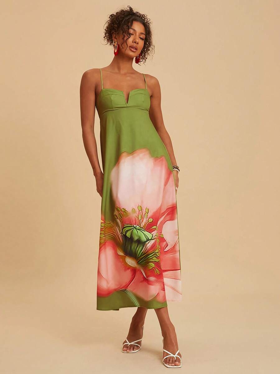 Travachic Elegant Floral Print Sleeveless Summer Vacation Dress - Green - View 1