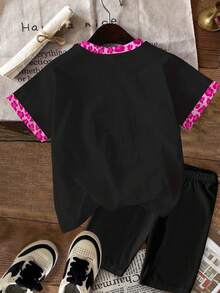 2件套少女休闲时尚可爱豹纹猫耳印花粉色豹纹黑色短袖T恤和短裤套装，适合夏季穿着 - 彩色 - 查看 3