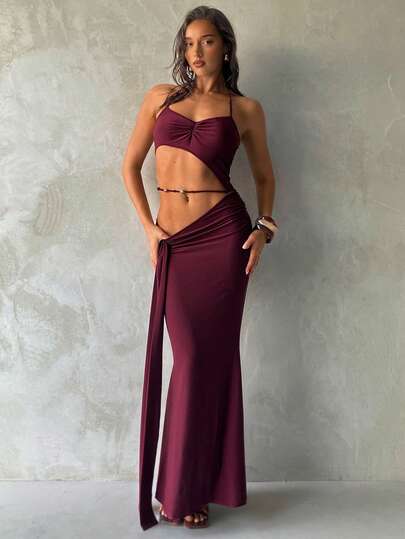 Aloruh Women's New Arrival Solid Wine Red Dress, Spaghetti Strap Sexy Elegant Lady Dress, Bohemian Beaded Decor Women's Coverup, Women's Resort Wear, Women's Beach Dress Vacation Outfits Women Holiday Outfits For Women Beach Vacation Outfits For Women Tropical Vacation Outfits For Women Cover Ups For Swimwear Bathing Suit Cover Up Swim Coverup Women Beach Cover Up Women's Beach Cover-Up Women's Beach Cover Up Beach Cover Ups For Women Elegant Women's Beach Cover Up Swim Coverup Women