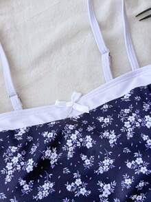 SHEIN 少女碎花吊带比基尼套装，适合海滩度假的保守泳装套装 - 藏蓝色 - 查看 3