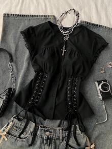 Attitoon 女士休闲复古系带褶皱修身衬衫，适合Y2K风格 - 黑色 - 查看 4