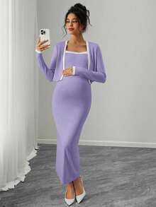 Momance Set de 2 piezas: Vestido de tirantes con parches para mujeres embarazadas y top de manga larga con abertura frontal, para uso diario casual - Morado - Ver 6